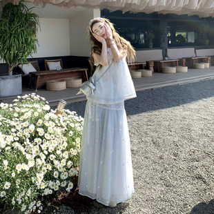 俏皮活泼套装裙女夏季新款超仙温柔风气质蕾丝花边无袖上衣两件套