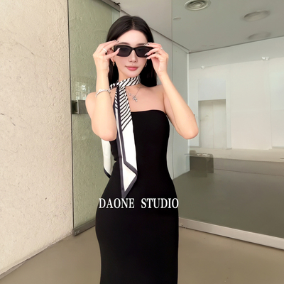 性感抹胸黑色包臀长裙子