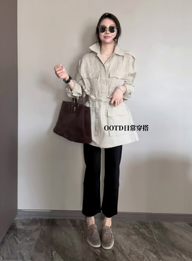 原麻色亚麻棉麻衬衫风衣外套女