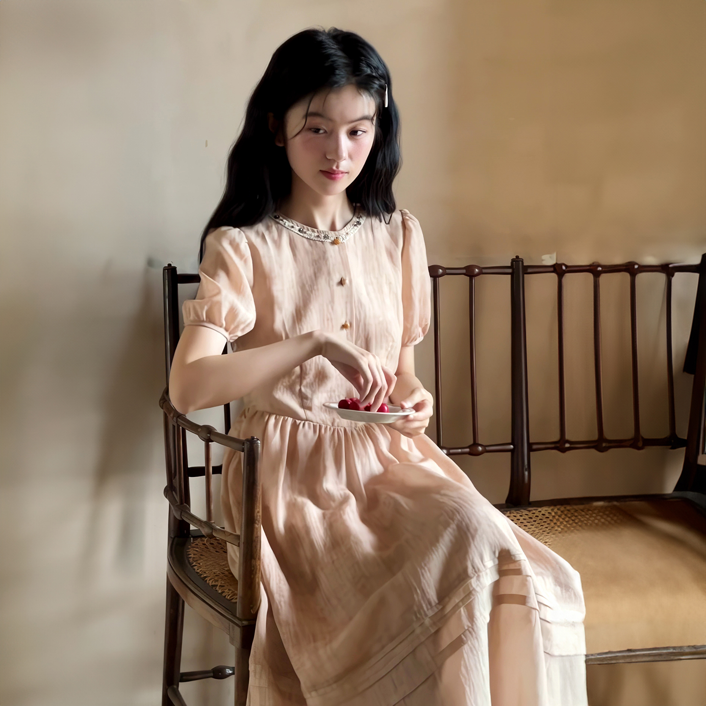 特别漂亮掐腰粉色亚麻连衣裙夏女