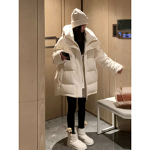 设计师款羽绒棉服女高级感浮雕立体提花中长款连帽白色厚外套外套