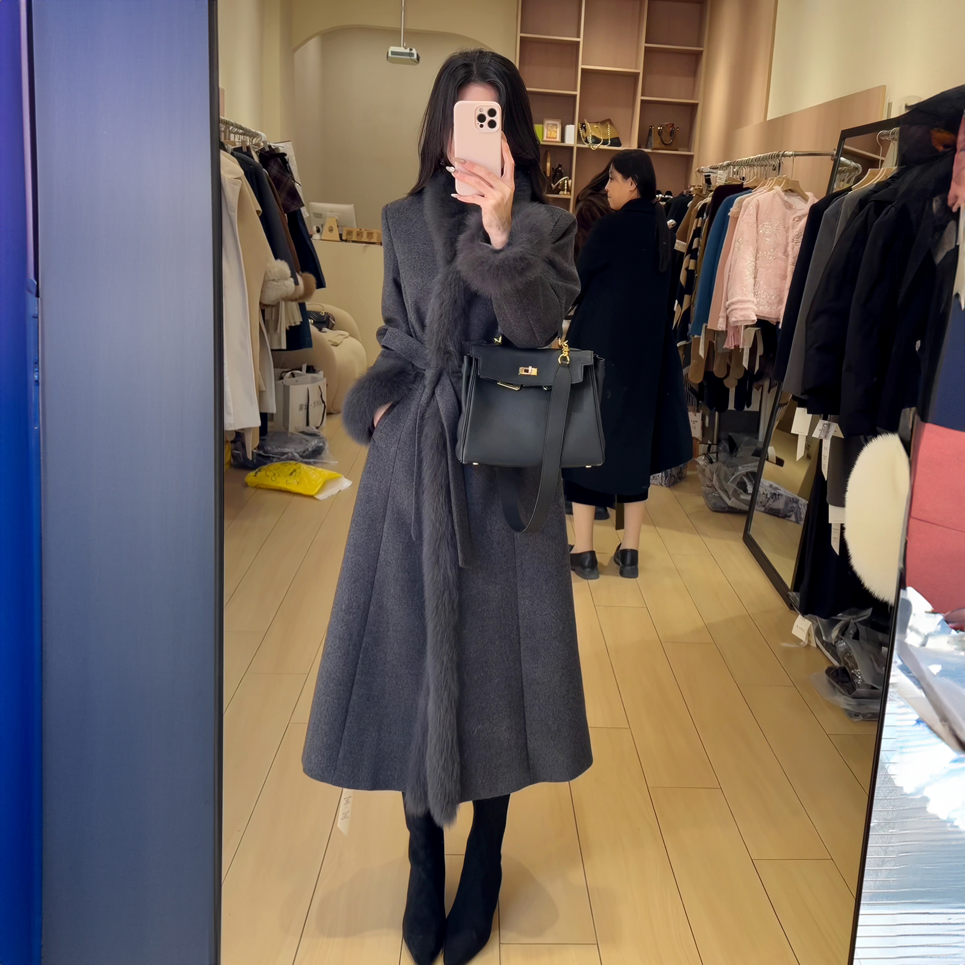 狐狸袖毛双排扣收腰气质长款外套