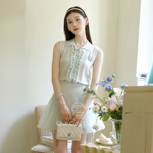 木耳边针织无袖上衣半身裙套装