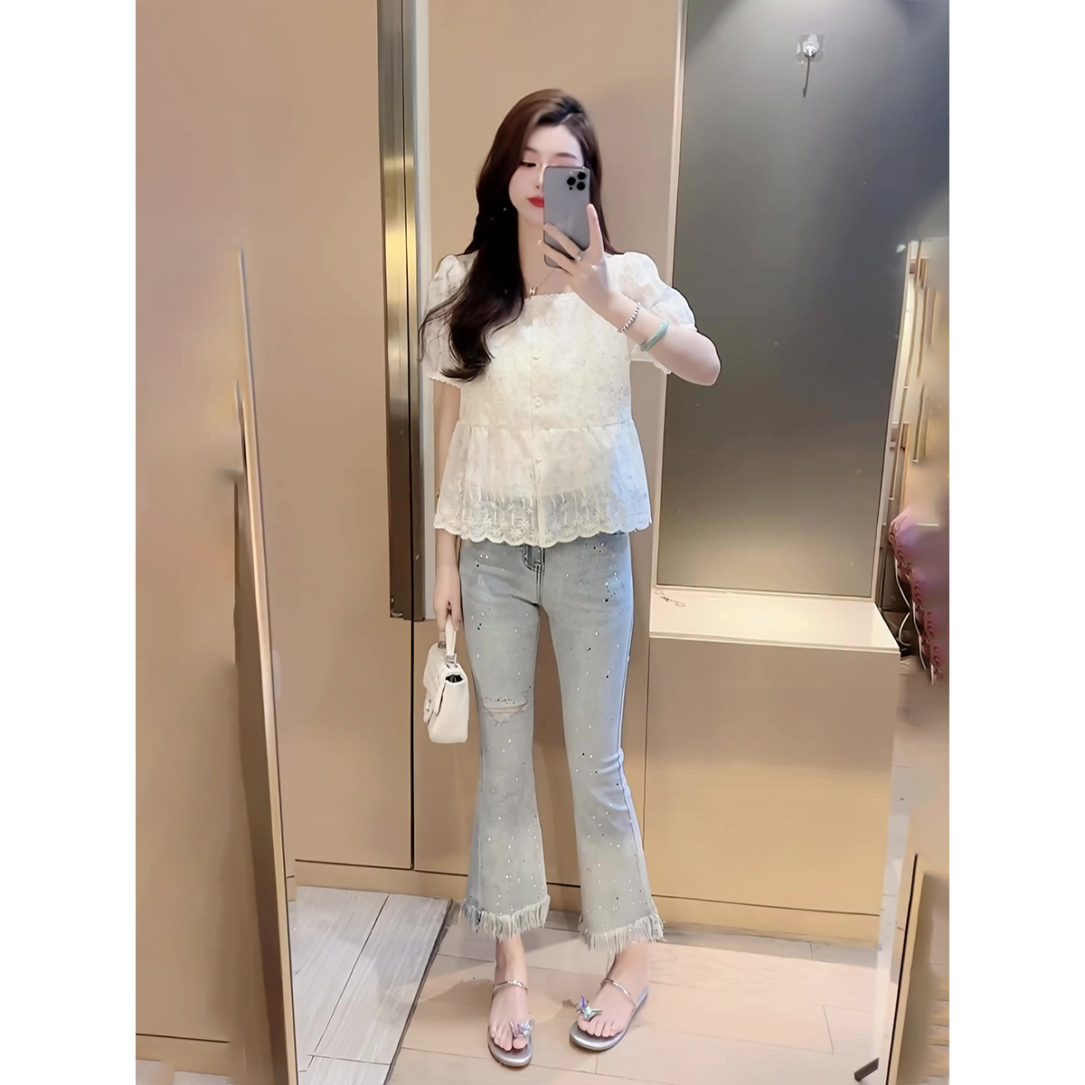 欧货立体刺绣衬衫女夏微喇牛仔裤