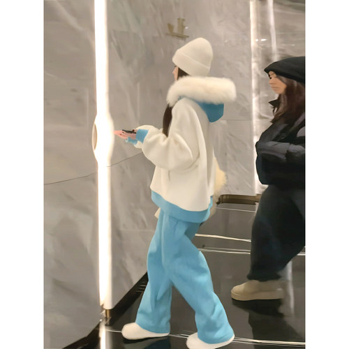 慵懒风毛毛领撞色连帽卫衣套装女
