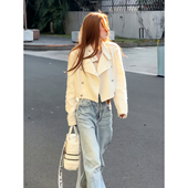 2026秋冬新款 外套女不规则宽松夹克加厚上衣 机车风双排扣立领短款