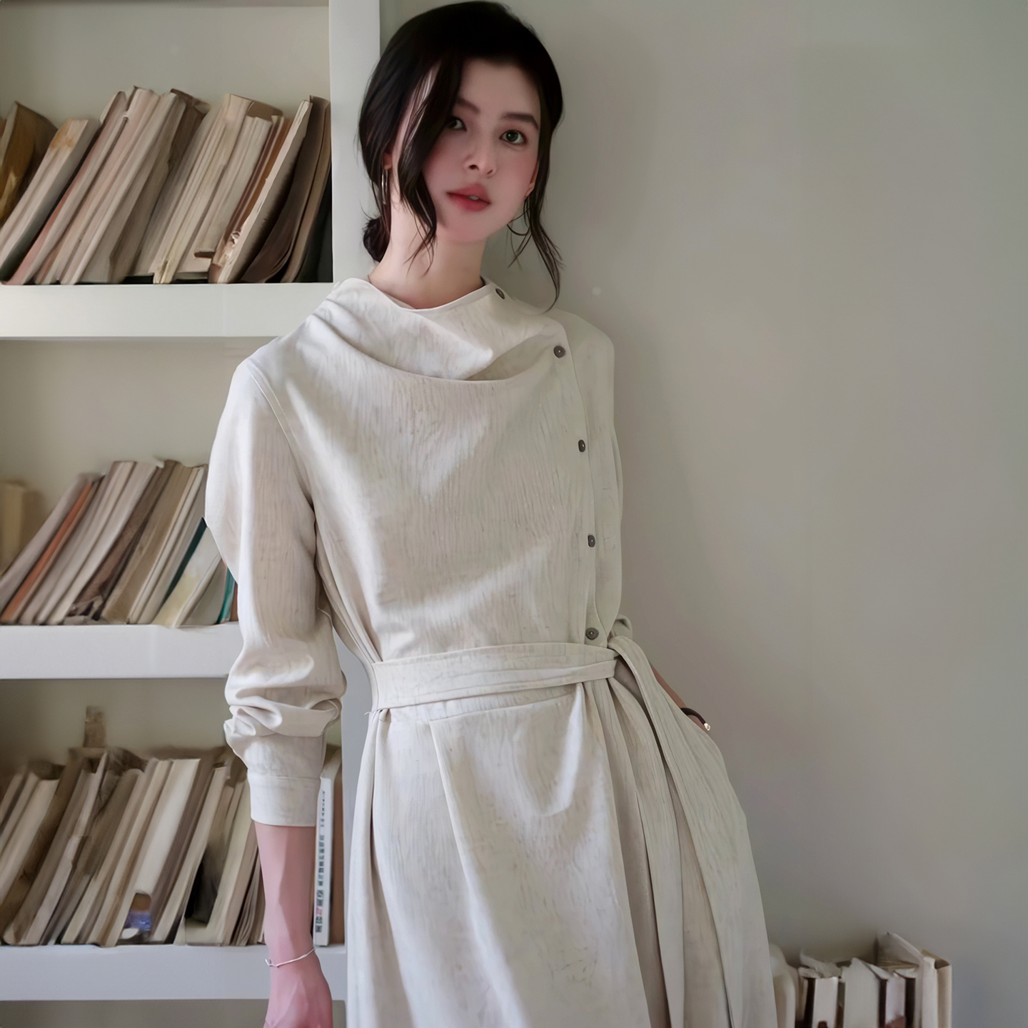 2025秋季【暮云归】亚麻高级感长袖连衣裙女知识分子风垂感收腰裙