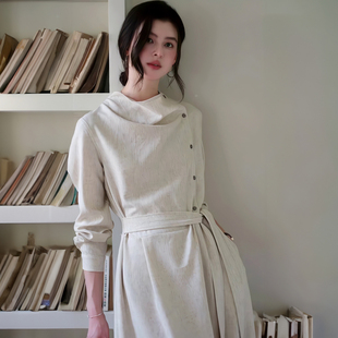 2025秋季【暮云归】亚麻高级感长袖连衣裙女知识分子风垂感收腰裙