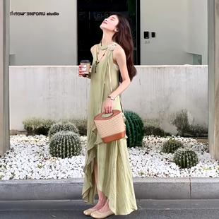 夏季爆款小众设计清冷感绿色长裙不规则新中式多层次感吊带连衣裙