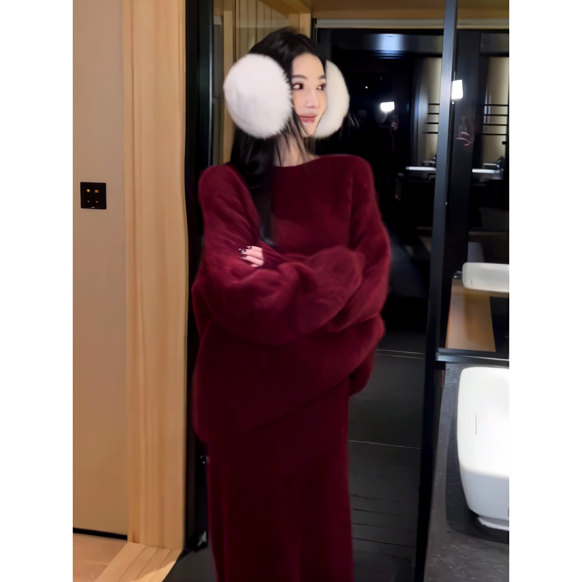 圣诞红色针织衫显瘦半裙两件套