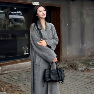 灰色单面羊绒大衣女长款2026韩系冬季新款高级感系带毛呢外套女