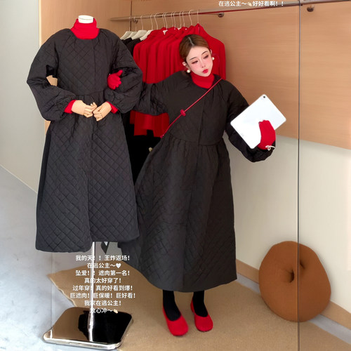 菱格气质收腰夹棉连衣裙棉服大衣