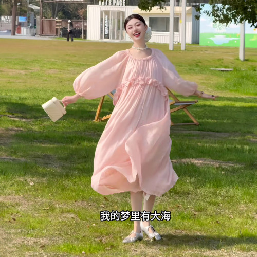 粉色灯笼袖A字连衣裙女春夏