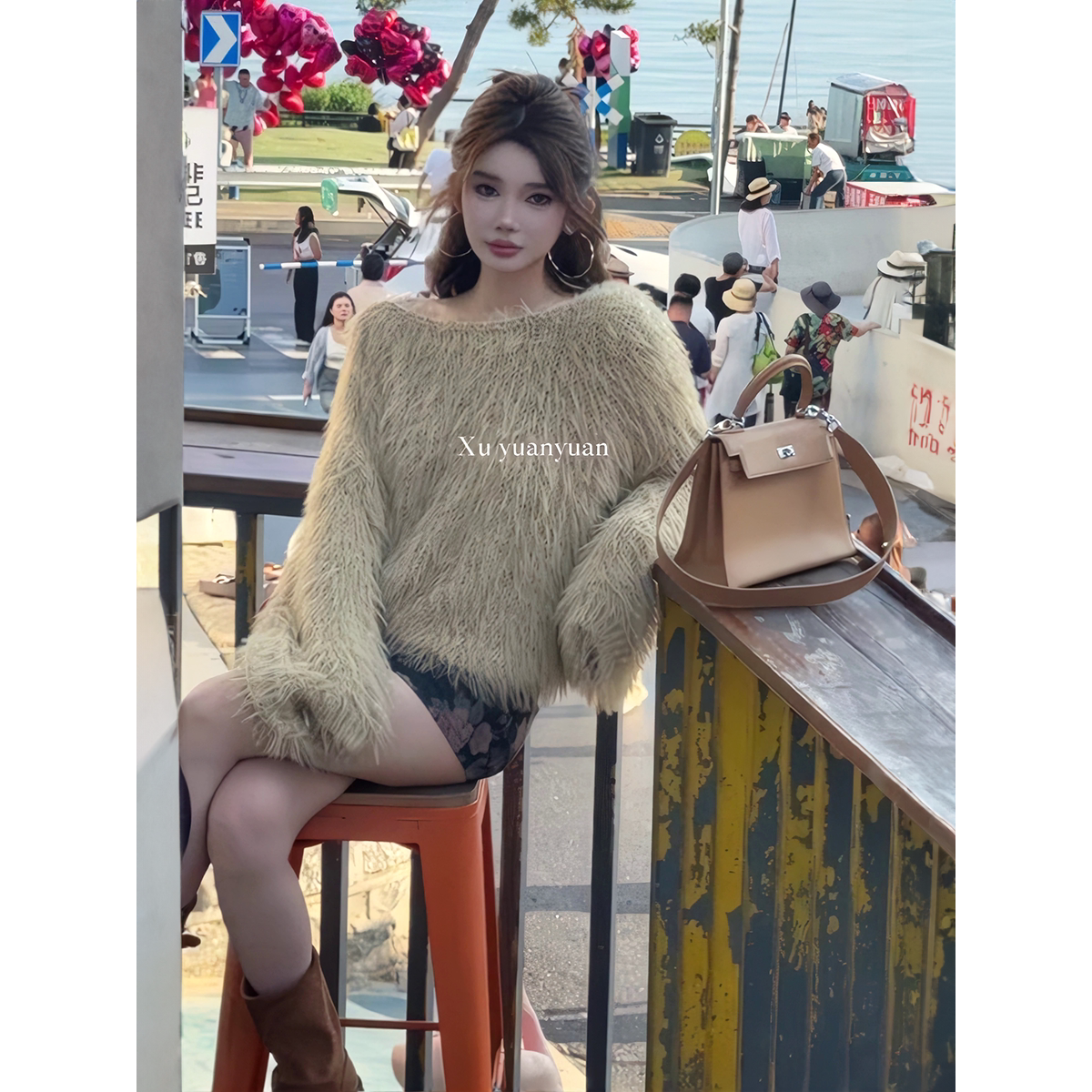 糖果色水貂毛一字领毛衣女2026秋冬新款韩版简约宽松百搭针织上衣