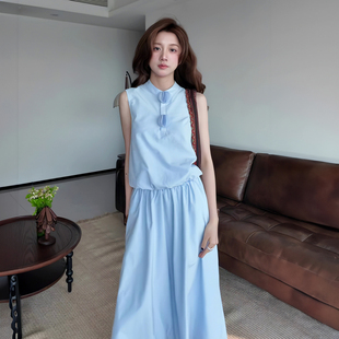 蓝色无袖连衣裙子女装2026新款夏季穿搭夏天巨好看新中式一整套装