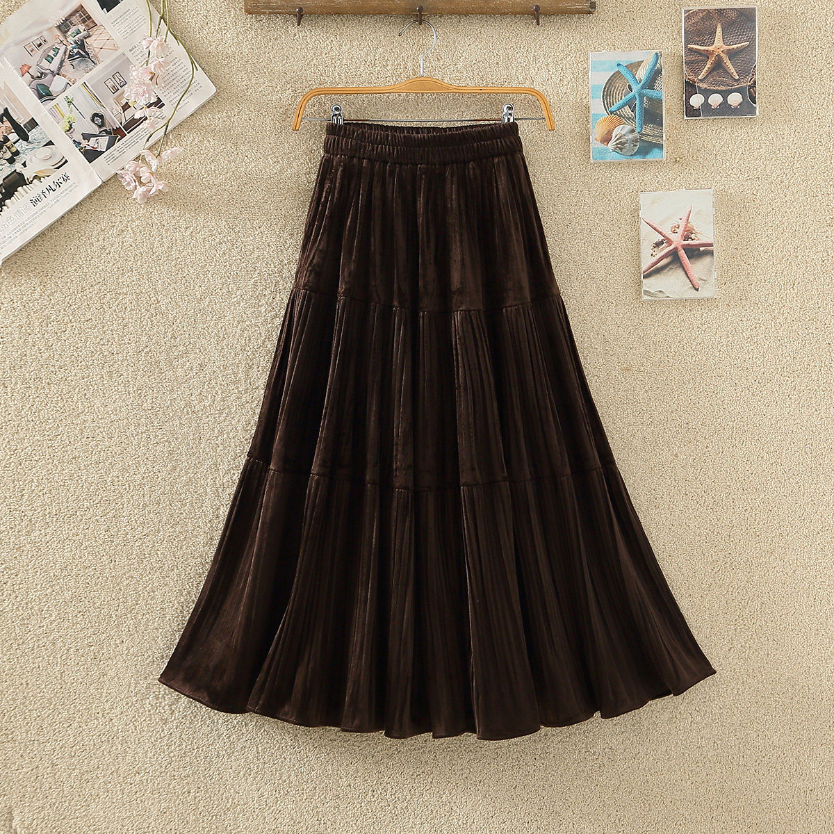 复古丝绒拼接半身裙女秋冬2025新款高腰大摆百褶裙子a字伞裙长裙