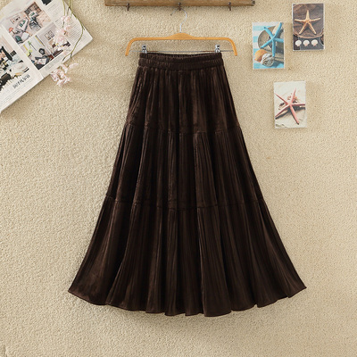 复古丝绒拼接半身裙百褶a字长裙