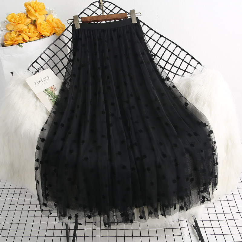 2024春夏新款松紧腰显瘦植绒碎花纱裙网纱中长款半身裙a字长裙女