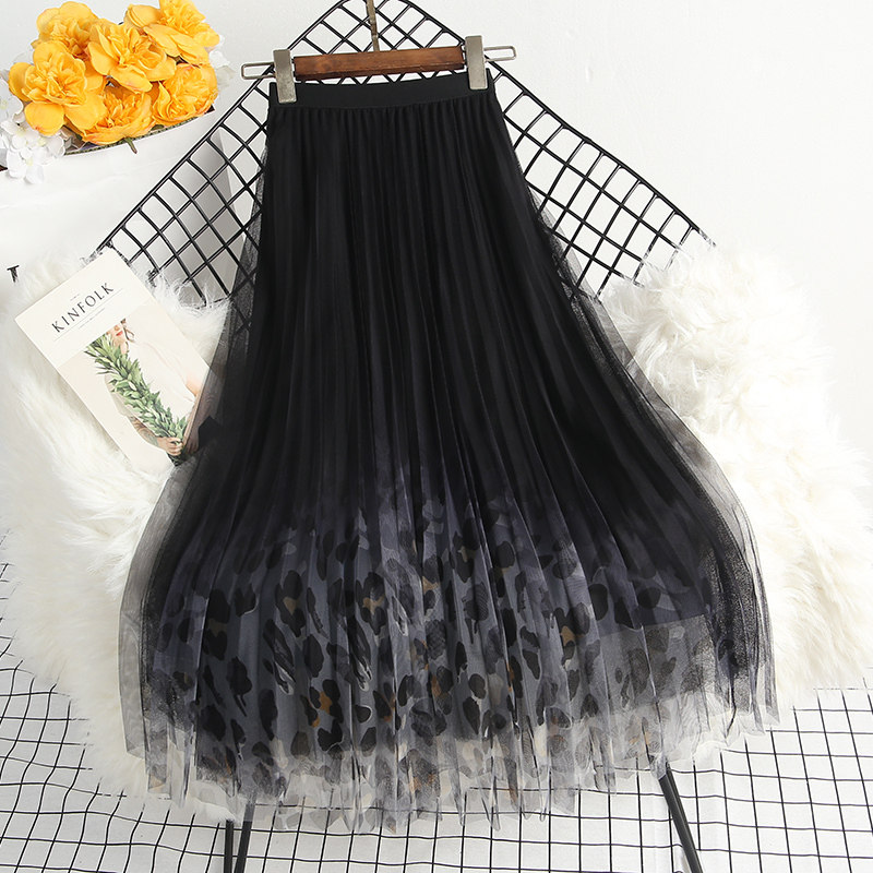 渐变色半身裙女春夏2024年时尚豹纹印花百褶裙子中长款网纱a字裙