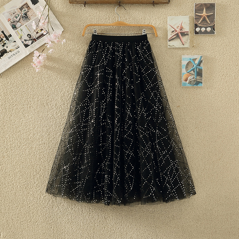 网纱裙半身裙春夏女新款刺绣花闪闪亮片a字大摆蓬蓬甜美星星纱裙