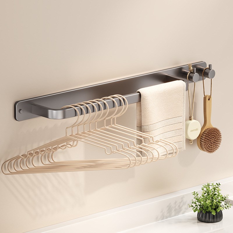 壁挂式毛巾杆免打孔枪灰色浴室单杆毛巾架太空铝厕所洗手间浴巾架