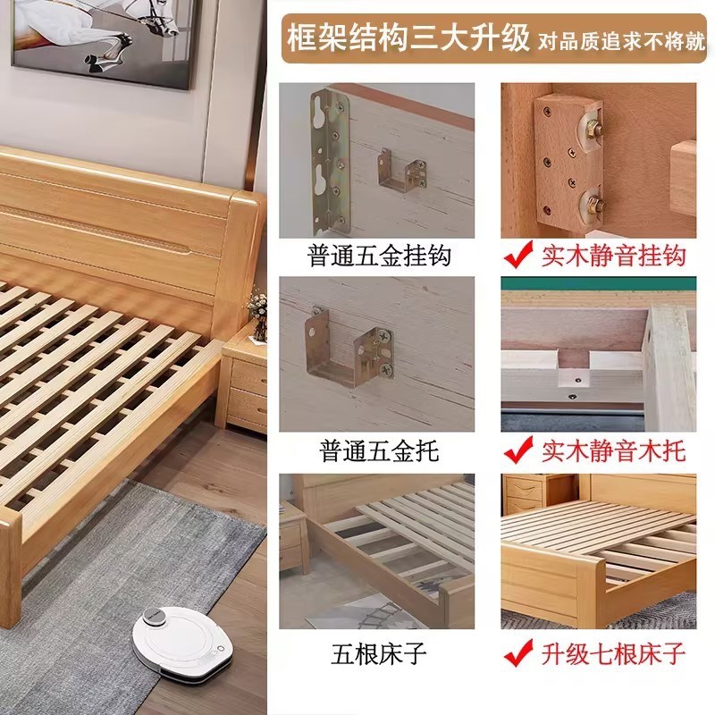 榉木床1.8米双人床现代简约1.5米1.2m1.35米单人储物床主卧实木床