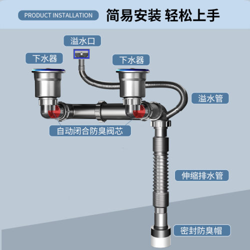 厨房洗菜盆下水器后置省空间下水三通洗碗池防返臭防虫下水管