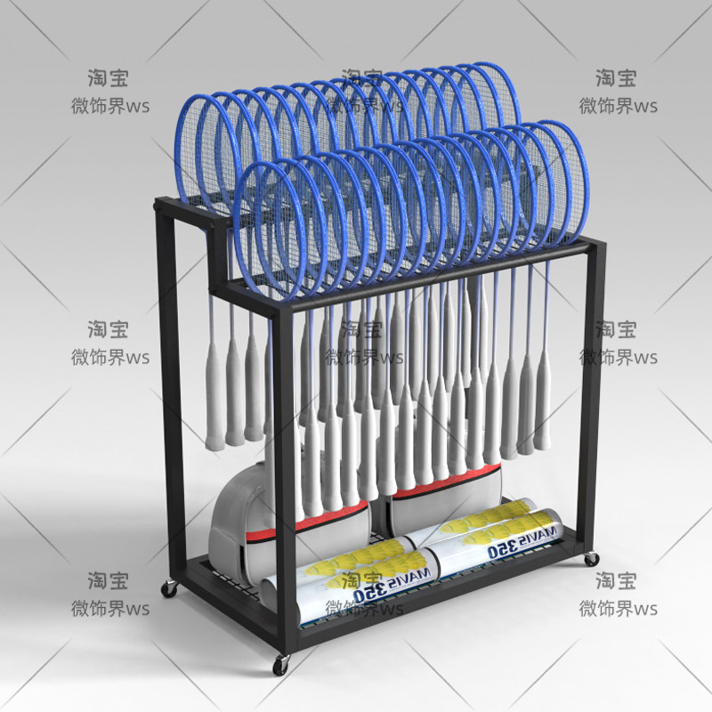 黑色带轮子球拍架铁艺体