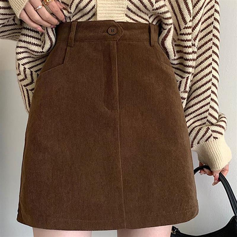 2025新款咖色灯芯绒半身裙女秋冬显瘦高腰a字短裙145小个子包臀裙