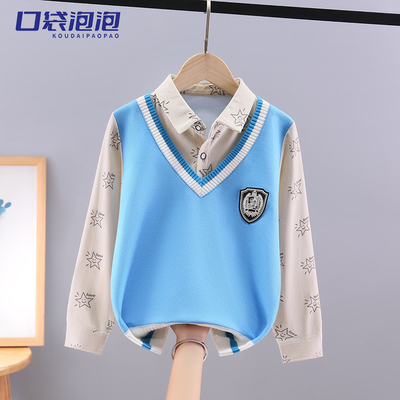 男童假两件毛衣2025秋季新款中大童装学院风打底衫男宝冬季针织衫