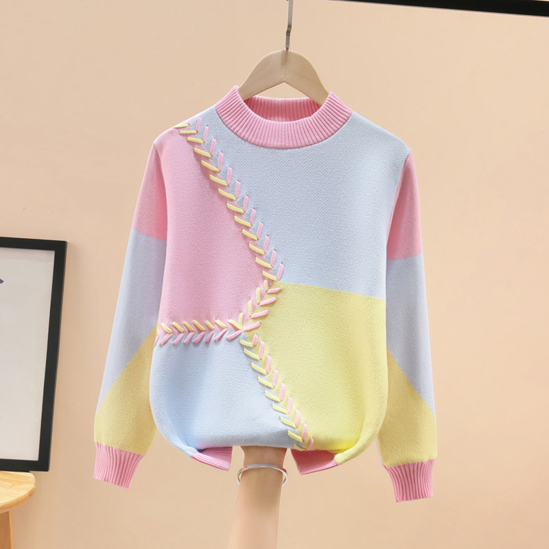 女童纯棉加厚毛衣中大童加绒圆领拼色打底衫2025秋冬新款棉线衣潮
