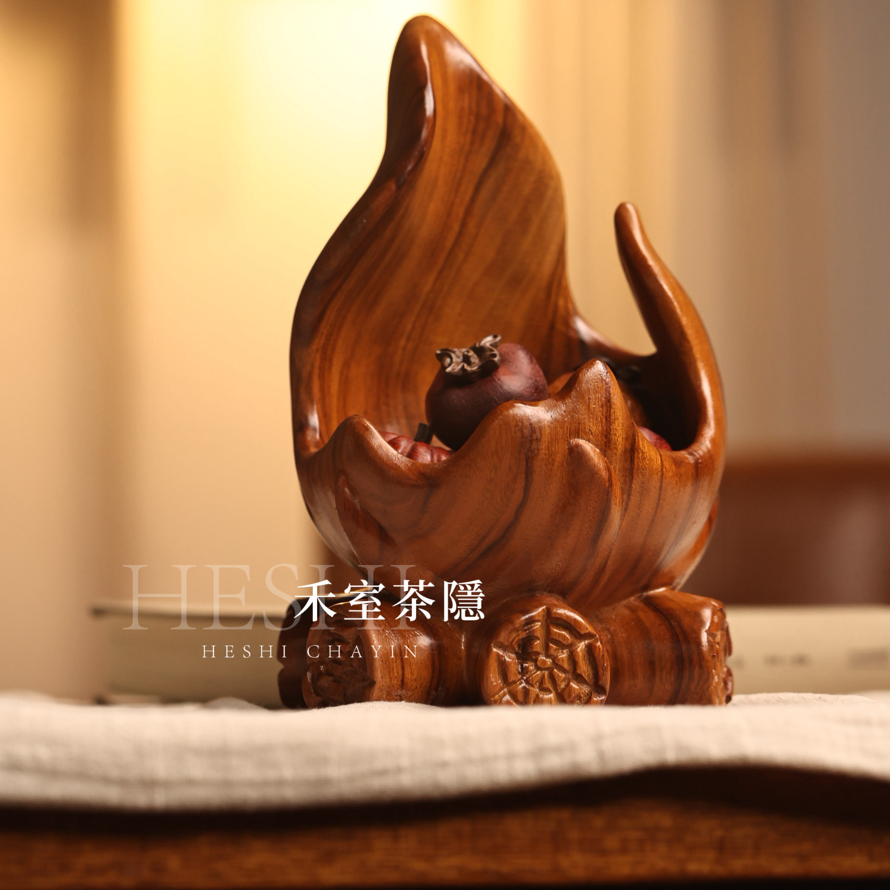 香樟木雕刻火焰果盘钥匙杂物收纳14*25cm,家居饰品,木雕,淘宝优惠券,粉丝福利购,淘宝优惠卷