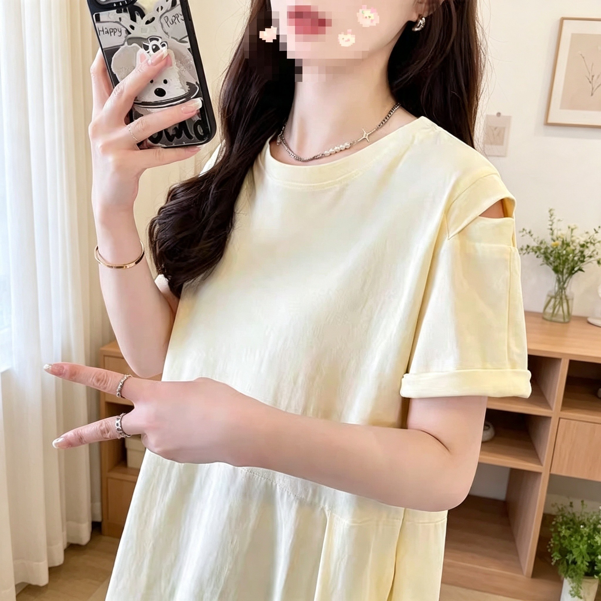 纯棉短袖连衣裙女夏季简约中长款t恤裙露肩洋气设计感小众短裙潮