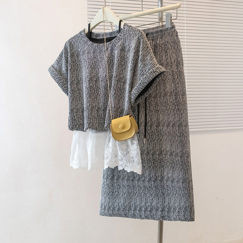 2026新款夏季穿搭一整套女蕾丝花边短袖T恤中长款半身裙大码套装