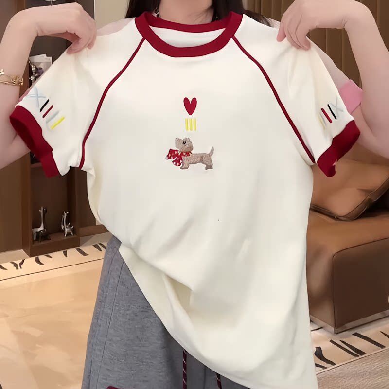 纯棉小狗刺绣撞色短袖T恤女2026夏季新款宽松韩版减龄洋气上衣潮