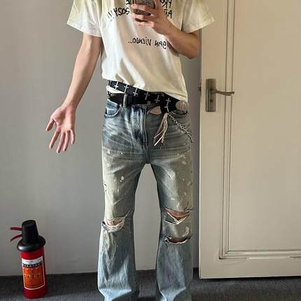 现货秒发BYR 破坏破洞做旧水洗vintage 年度牛王 微喇牛仔裤