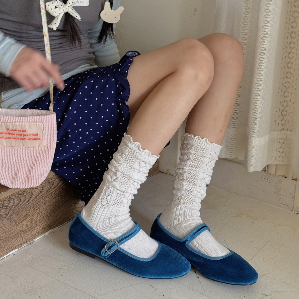 小赵家新款日系镂空木耳边中筒袜小腿袜堆堆袜甜美少女系两双装