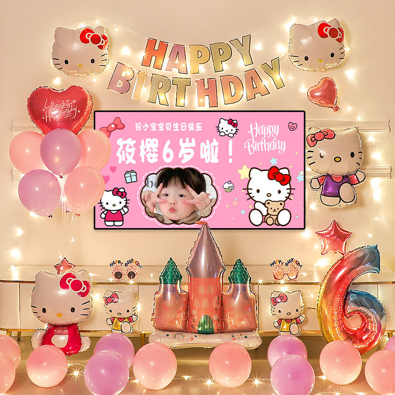 猫咪生日主题电视投屏气球布置男宝女宝周岁派对装饰用品背景墙