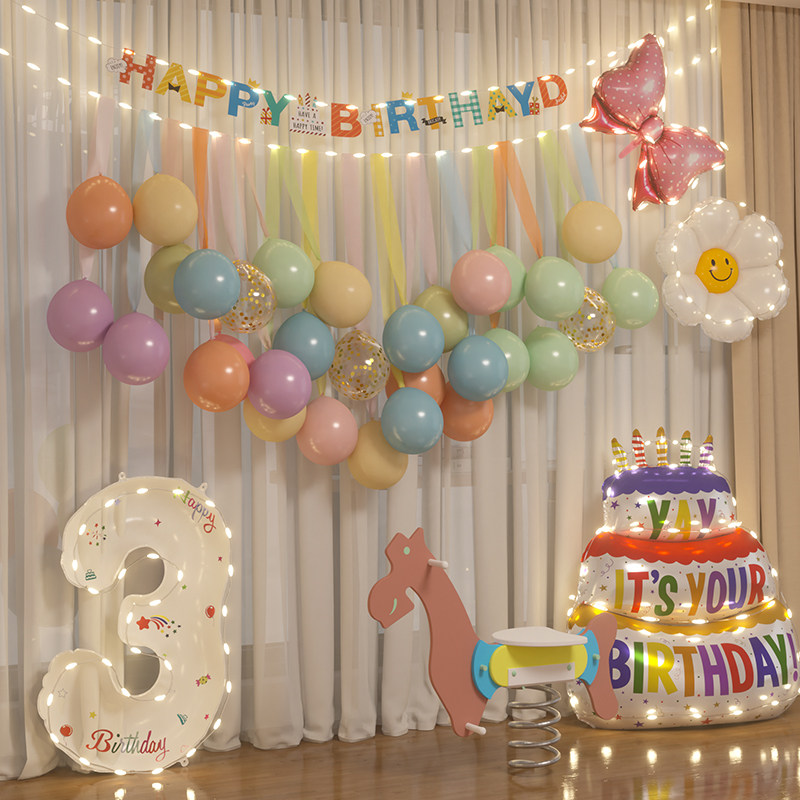 生日快乐仪式感小女孩3岁生日背景布布置气球装饰派对三周岁两岁2
