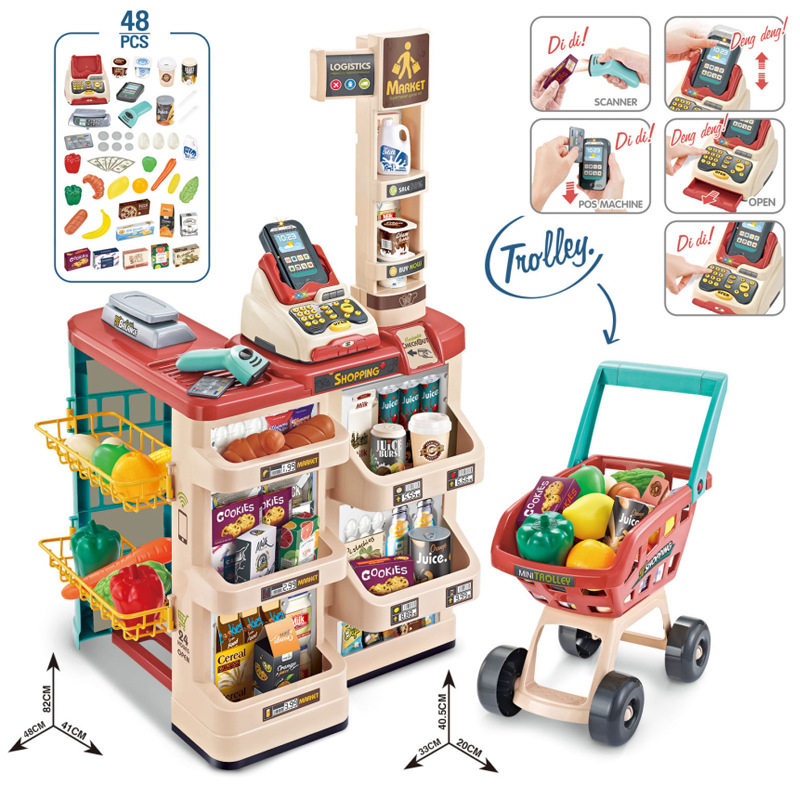 儿童过家家仿真超市收银机玩具蔬菜水果购物车刷卡扫描收银台