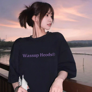 复古字母印花短袖 上衣 t恤男女潮牌情侣宽松半袖 HEODS美式 WASSUP