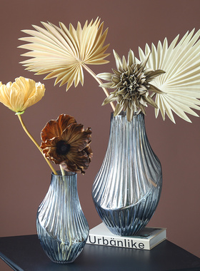 轻奢玻璃花瓶黑灰色竖条纹w方异型转折形家居客厅插花餐桌软装饰