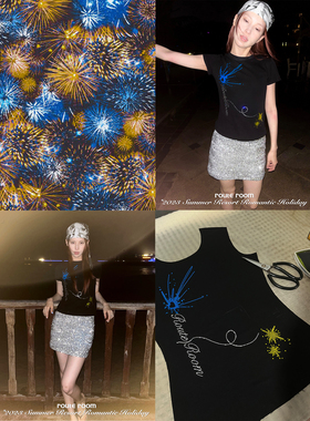 route room度假系列“蓝色焰火”闪亮烫钻图案修身弹力短袖T恤