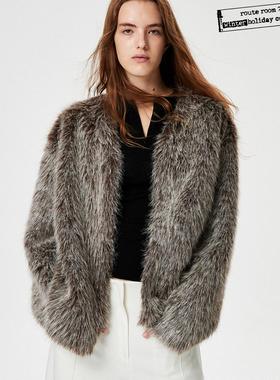 route room 雾咖灰 定制双层染色皮毛一体工艺V领环保皮草外套