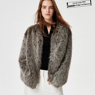 route room 雾咖灰 定制双层染色皮毛一体工艺V领环保皮草外套