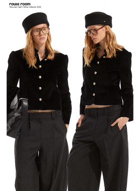 route room 黑色丝绒短款廓形立领夹克外套