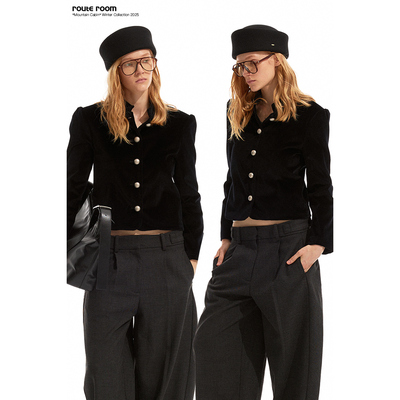 route room 黑色丝绒短款廓形立领夹克外套