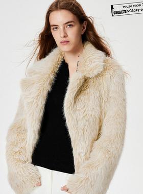 route room 雾杏 定制双层染色皮毛一体双面穿翻领环保皮草外套