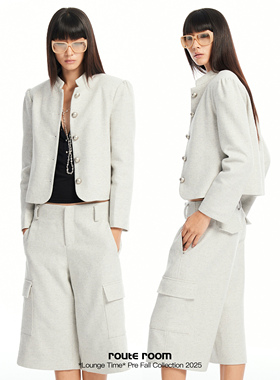 route room 羊毛细格纹微闪粗花呢立领夹克外套