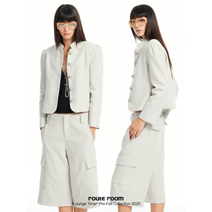 route 羊毛细格纹微闪粗花呢立领夹克外套 room